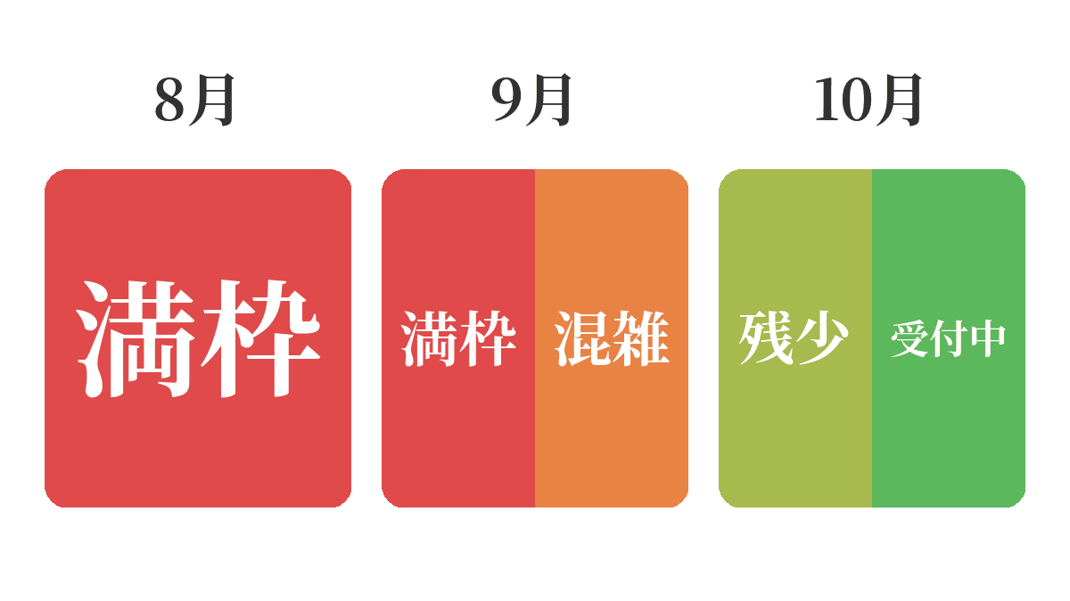 8月から10月の初回目視診断受付状況カレンダー。8月は満枠、9月は混雑、10月は残りわずかから受付中。